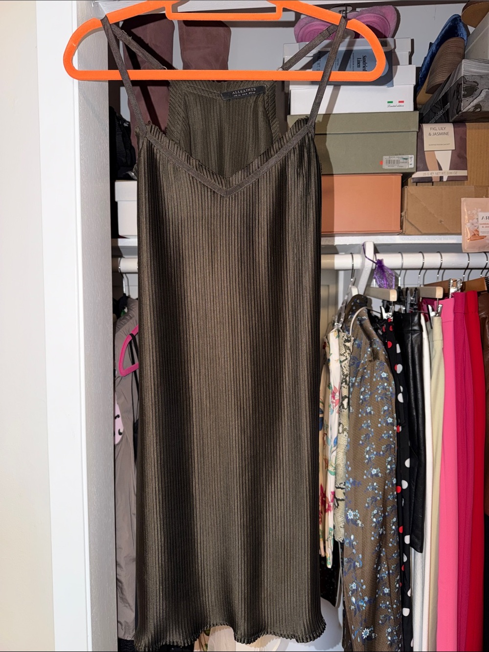 All Saints Olive Green Ribbed Maxi Slip Dress